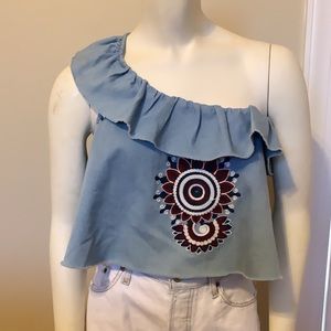One shoulder embroidered tank top